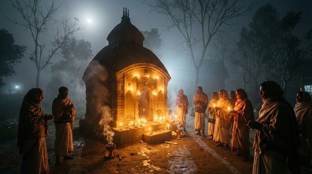 Winter night scene of a rural Kali temple with devotees and oil lamps during Poush Kali Puja.