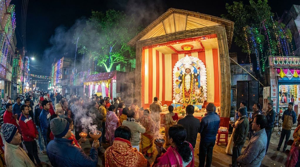 Vibrant Poush Kali Puja pandal decoration with lighting and crowd of devotees in West Bengal.