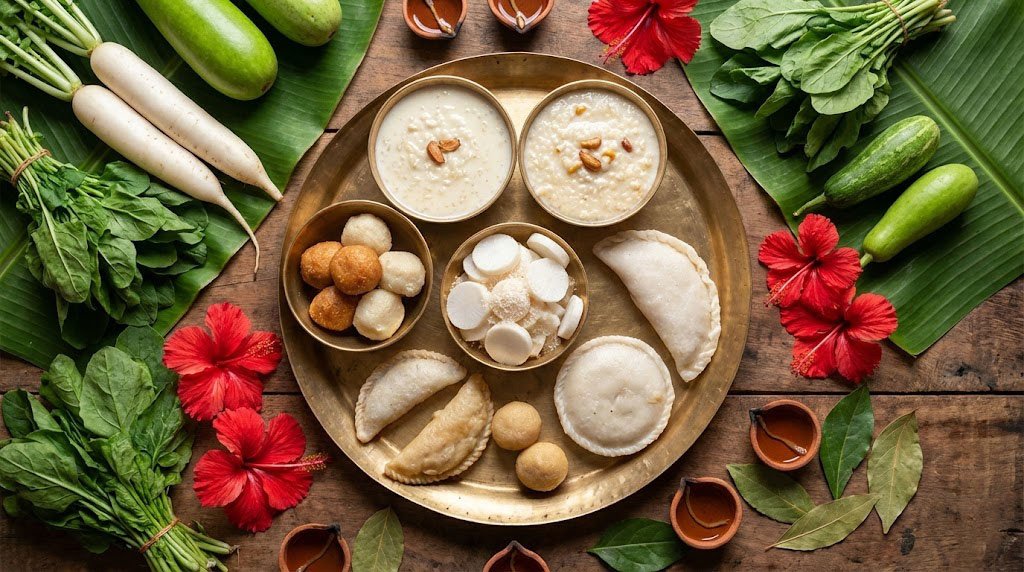 Traditional Poush Kali Puja bhog including white radishes, pithe puli, and payesh on brass plates.