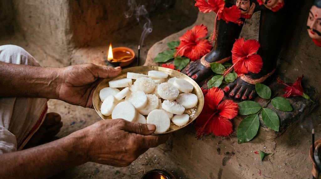 Hands offering sliced white radishes and sugar on a brass plate to Goddess Kali feet.