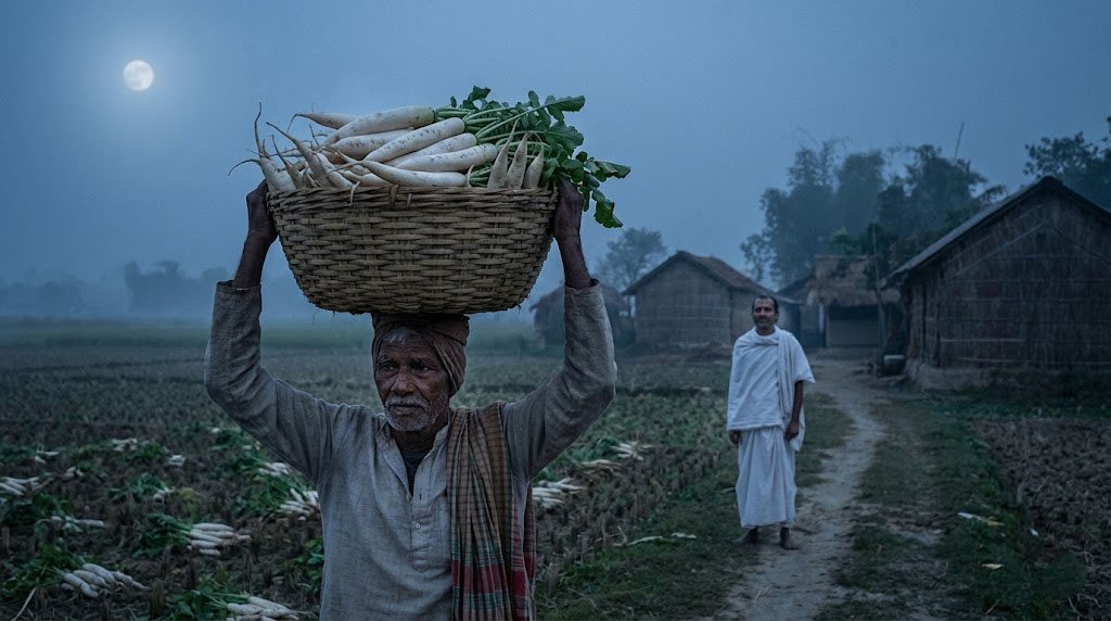 Bengali farmer carrying a basket of fresh white radishes for Mula Kali Puja during a misty winter evening.