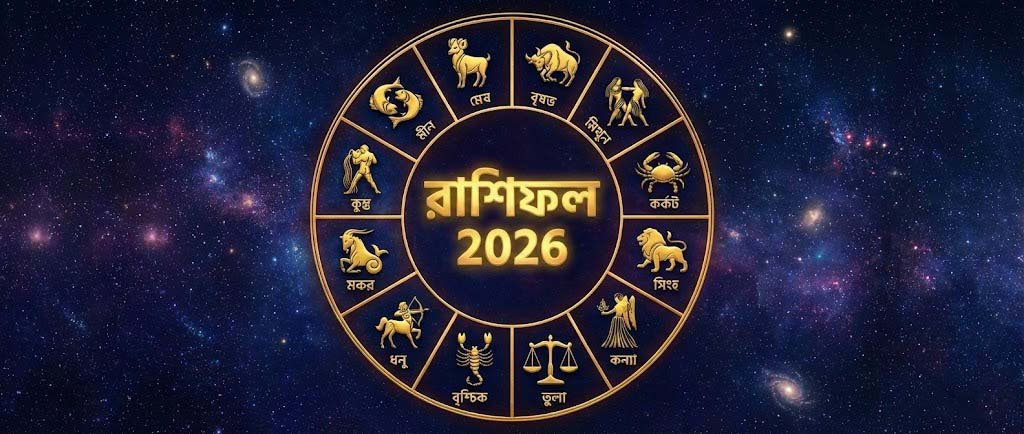 2026 Bengali Rashifal zodiac wheel illustration showing all 12 Rashi signs with cosmic background for yearly horoscope predictions.