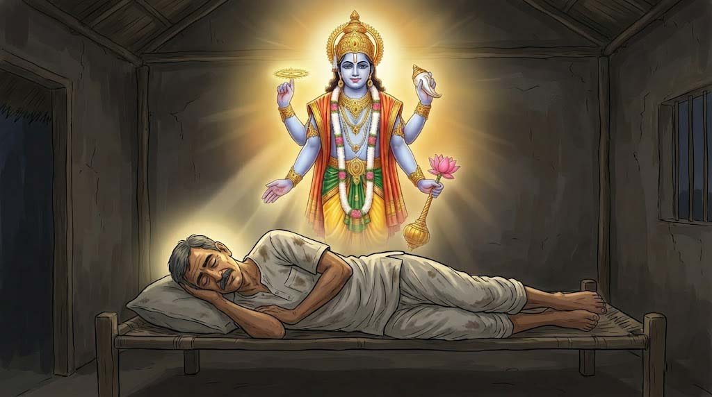 ভৈমী একাদশী ব্রত পালনের পর ভক্তের স্বপ্নে ভগবান বিষ্ণুর দিব্য দর্শন। (Divine vision of Lord Vishnu in the devotee's dream after observing Bhaimi Ekadashi vrat.)