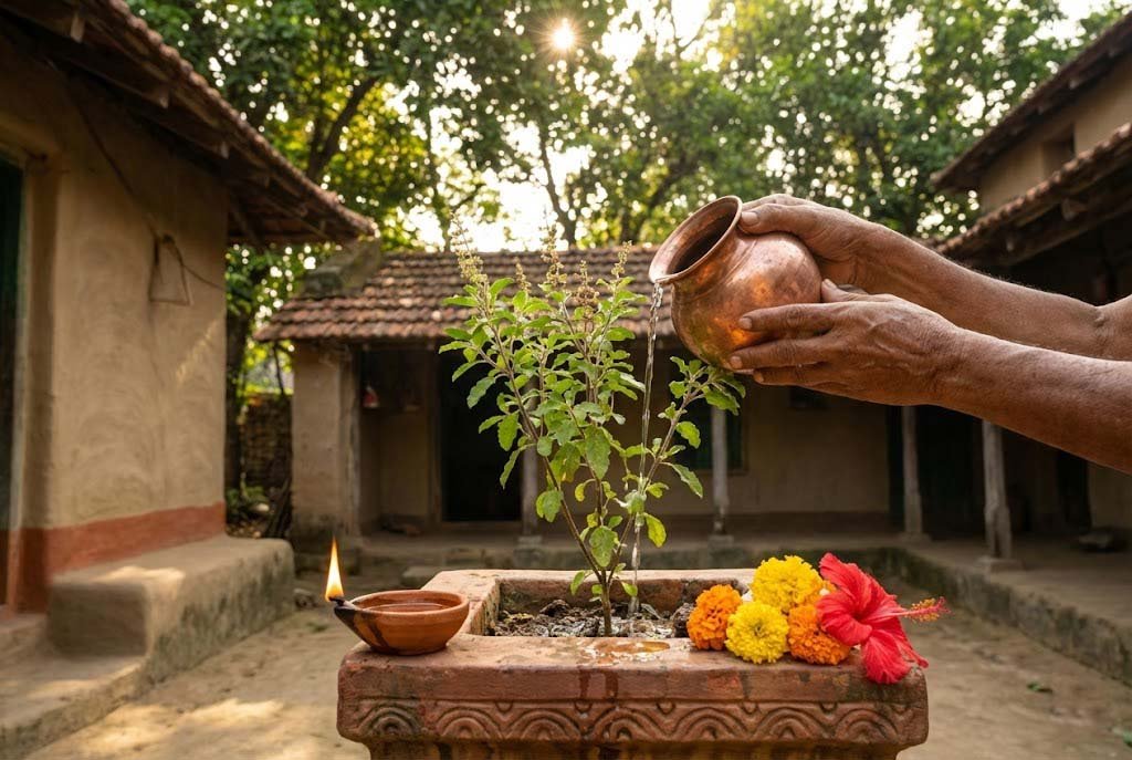 একাদশীর সকালে এক ভক্ত তুলসী গাছে জল দান করছেন এবং পাশে প্রদীপ জ্বলছে। (A devotee offering water to a Tulsi plant in the morning of Ekadashi with a lit lamp nearby.)