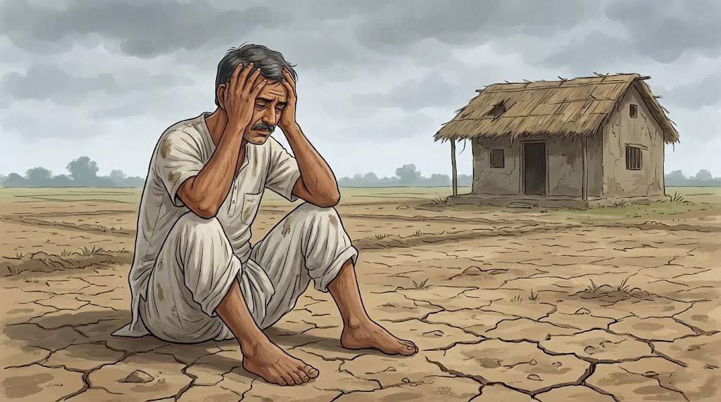 ভূমিদোষ এবং দারিদ্র্যের কারণে কষ্টে থাকা এক চিন্তিত কৃষক। (A worried farmer suffering due to land defects and poverty.)