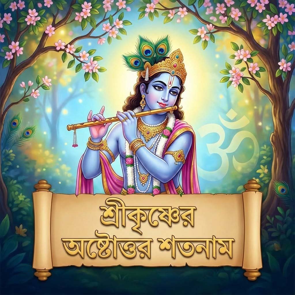 Illustration of Lord Krishna playing the flute in a forest with a scroll reading Sri Krishner Ashtottara Shatanam in Bengali.