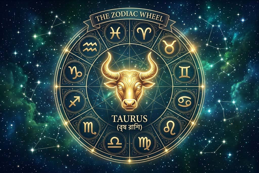 বৃষ রাশি Taurus zodiac sign astrology symbol with bull and zodiac wheel