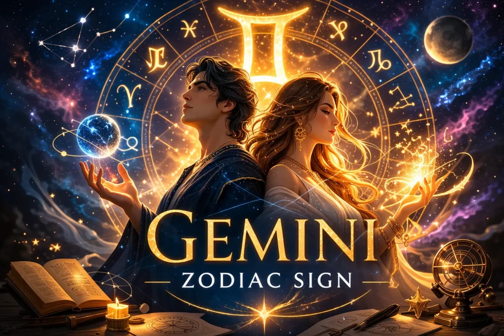 Gemini zodiac sign twins illustration representing mithun rashi astrology