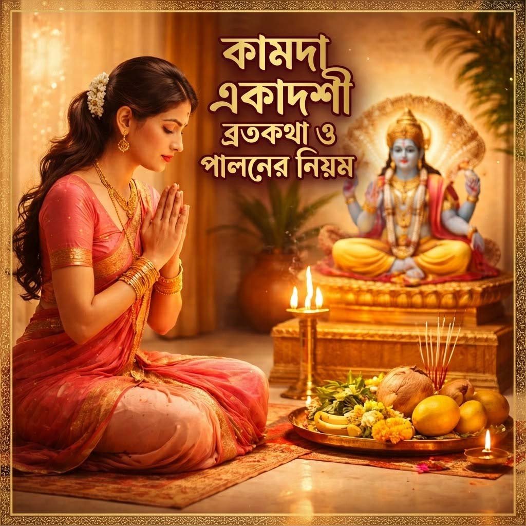 কামদা একাদশীর ব্রতকথা অনুযায়ী ভগবান বিষ্ণুর পূজা করছেন ভক্ত নারী