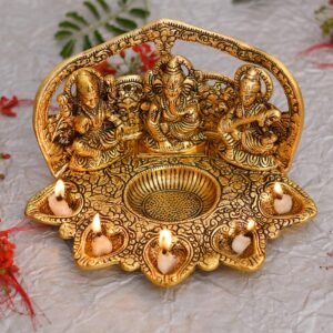 laxmi ganesh saraswati idol with diya front view golden metal