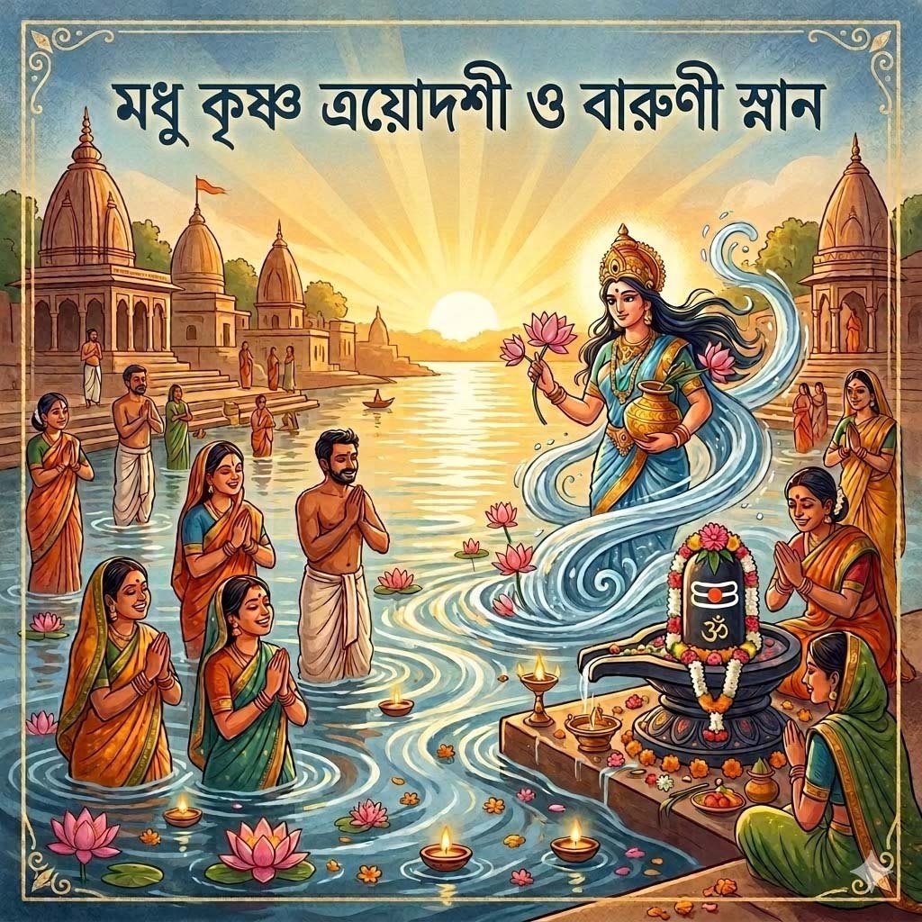 গঙ্গার ঘাটে মধু কৃষ্ণা ত্রয়োদশী ও বারুণী স্নানের দিনে পবিত্র নদীতে পুণ্যস্নানের চিত্র, যেখানে জলের দেবী বরুণী এবং শিবের প্রতীক দেখা যাচ্ছে