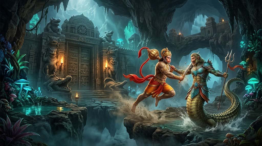 হনুমান ও মকরধ্বজের অজানা পৌরাণিক কাহিনী পাতালপুরীর প্রবেশদ্বারে হনুমান এবং তাঁর পুত্র মকরধ্বজের যুদ্ধের দৃশ্য