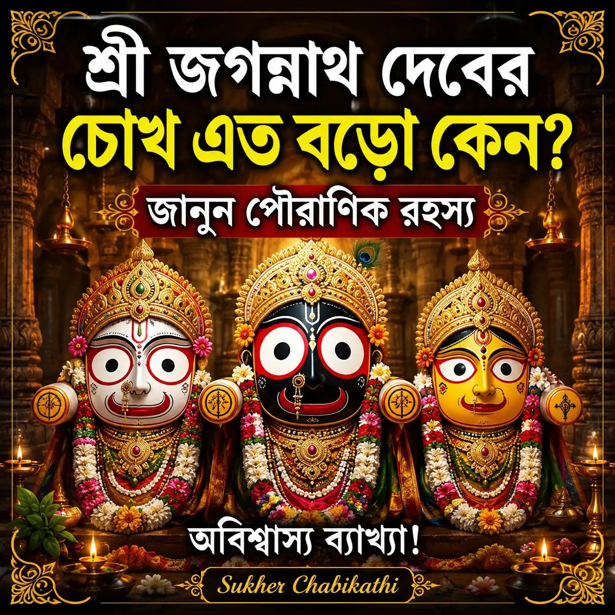পুরীর জগন্নাথ দেবের বিশাল চোখের ক্লোজআপ, রথযাত্রার রথ এবং জগন্নাথ মন্দিরের পটভূমিতে আধ্যাত্মিক রহস্যের প্রতীকী চিত্র।