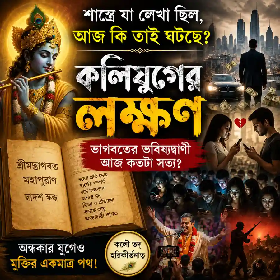 কলিযুগের লক্ষণ ও শ্রীমদ্ভাগবতের ভবিষ্যদ্বাণী নিয়ে আধ্যাত্মিক বাংলা পোস্টার