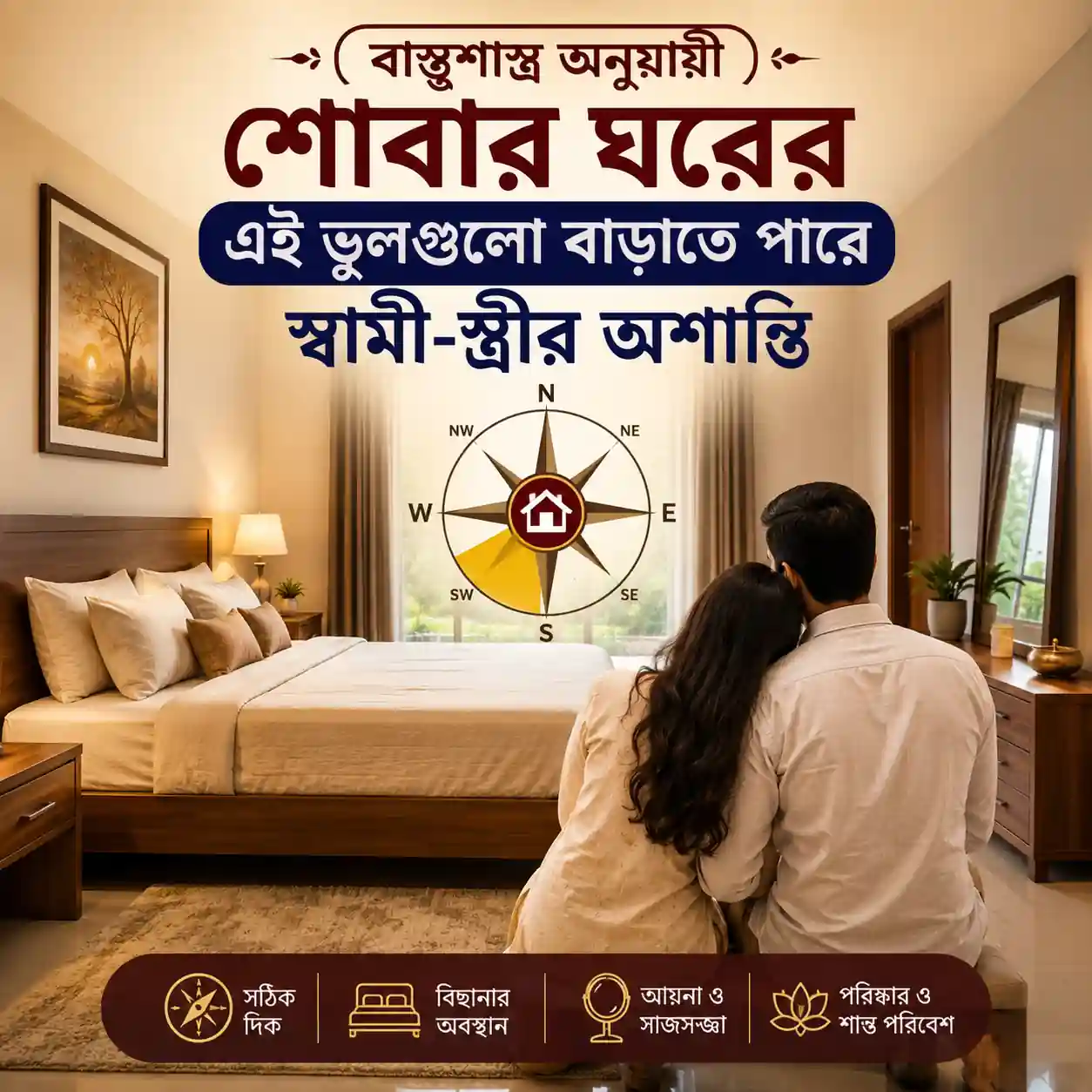 বাস্তুশাস্ত্র অনুযায়ী শোবার ঘরের সঠিক দিক ও দাম্পত্য শান্তির প্রতীকী চিত্র