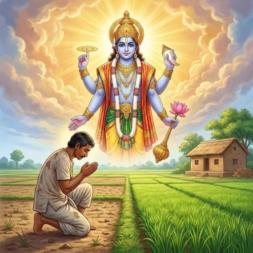 ভগবান বিষ্ণু ভৈমী একাদশীতে এক দরিদ্র ভক্তকে আশীর্বাদ করছেন, যার ফলে তার ভূমিদোষ ও দারিদ্র্য দূর হচ্ছে। (Lord Vishnu blessing a poor devotee on Bhaimi Ekadashi, removing land defects and poverty.)